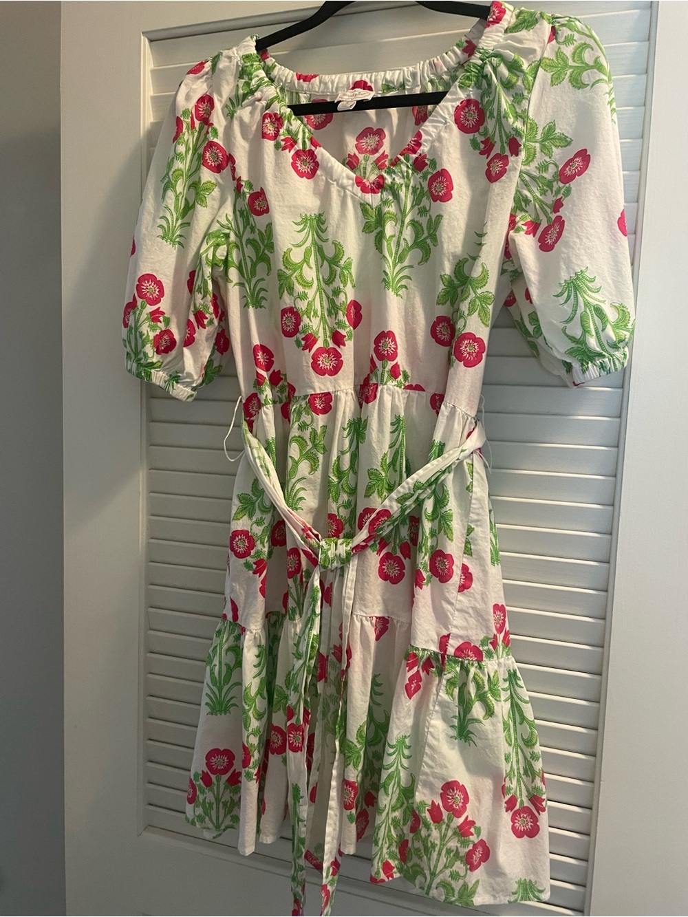 Mud Pie White Dress with Pink Floral Print and Green Leaves